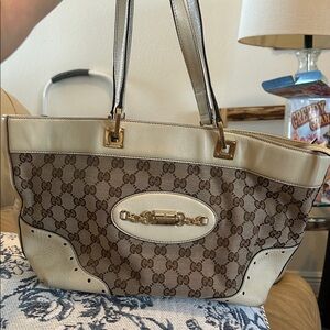 Gucci Brown GG Canvas and Cream Leather Tote with Gold Hardware